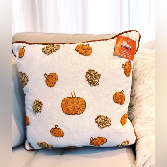 Fall Embroidered Pumpkin Leaves Throw Pillow Beaded Autumn Celebrate Together™ - Picture 2 of 9